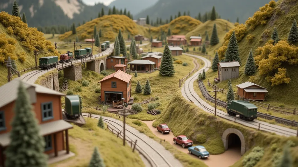 Completed model railroad layout section with foam board scenery