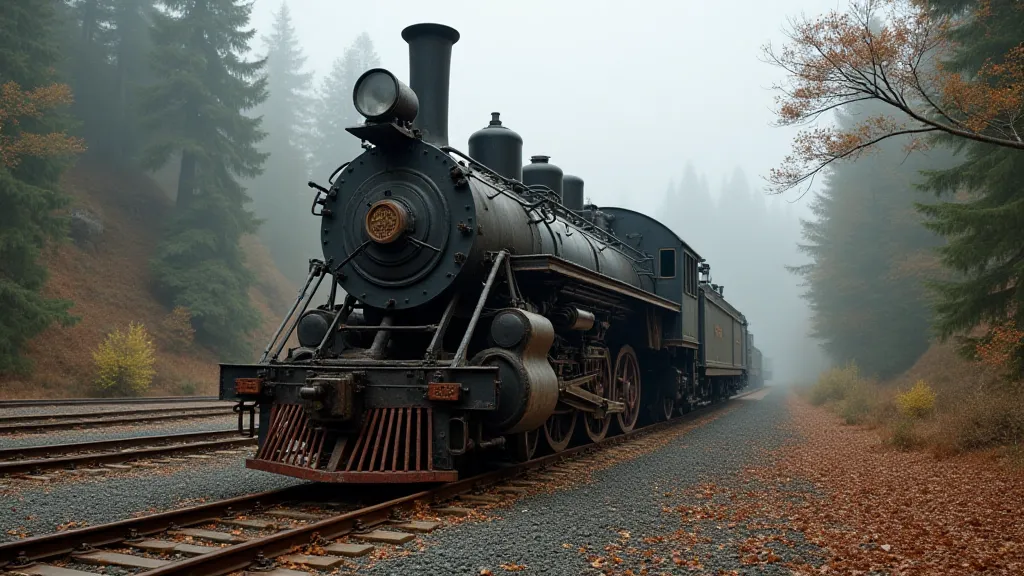 Logging locomotive in a misty forest