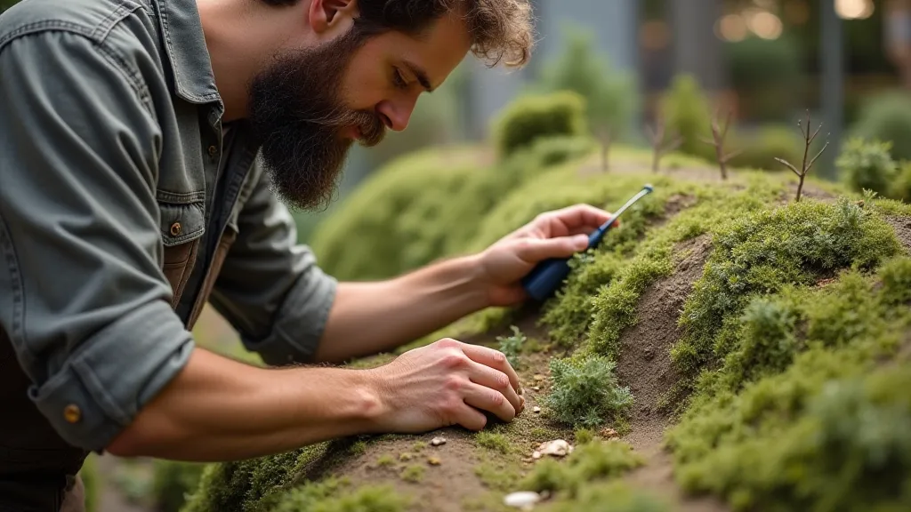 Model railroad craftsman working on scenery