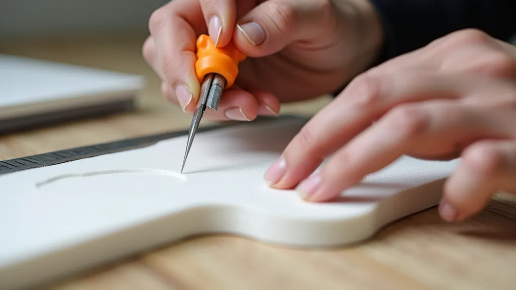Hands cutting foam board with a craft knife and ruler