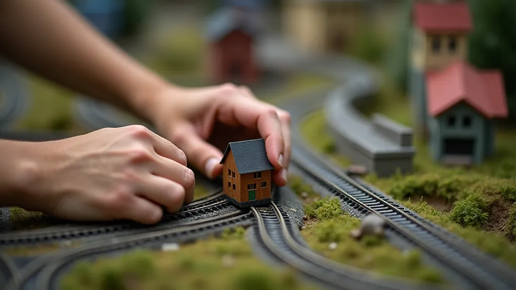 Hands working on a miniature railroad layout