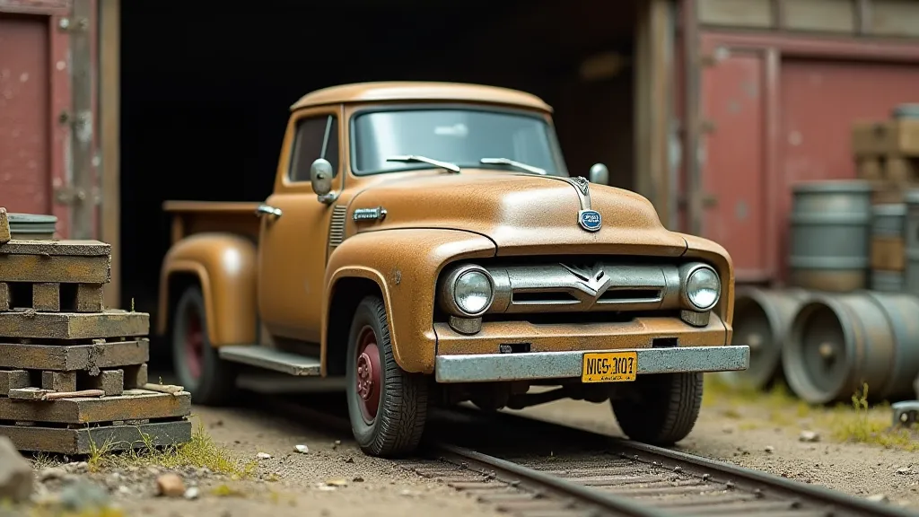 Miniature pickup truck on a model railroad layout