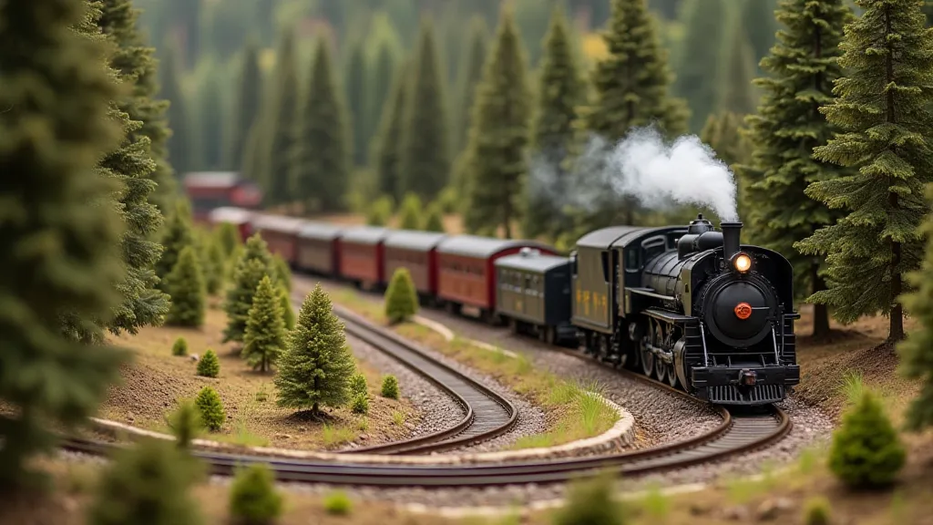 Model train rounding a tight S-curve in a forest