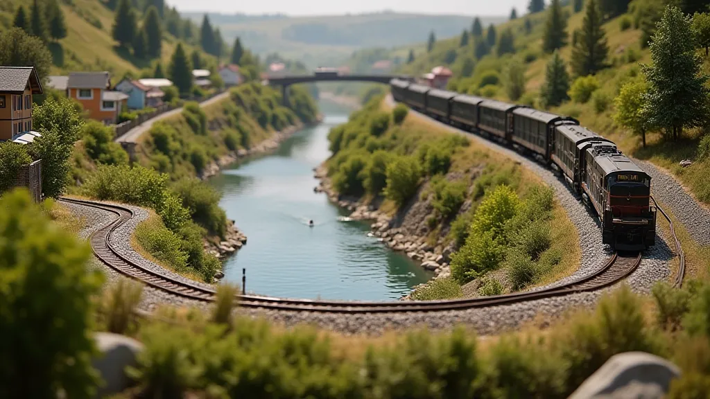 Model train on S-curve beside a river and town