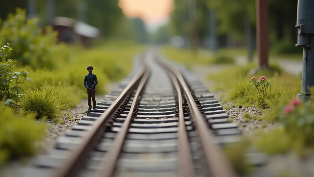 Detailed view of a model train switching yard track