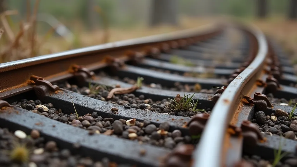 Close-up of weathered model train track
